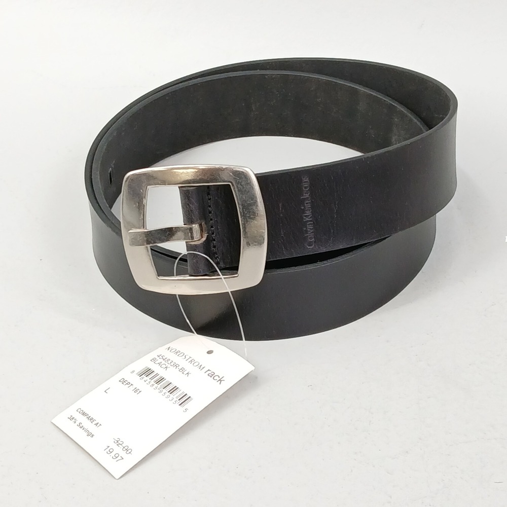 Calvin Klein Jeans Belt Mens Large Black Genuine Leather Silver Buckle
